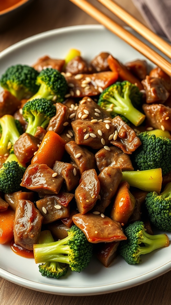 A delicious plate of beef and broccoli stir-fry with sesame seeds sprinkled on top.