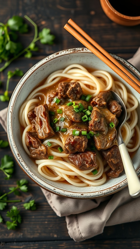 A bowl of beef stroganoff served over Shirataki noodles, garnished with green onions.