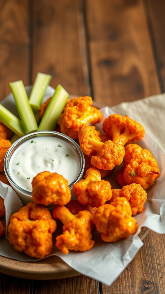A plate of buffalo cauliflower bites with celery sticks and a creamy dip