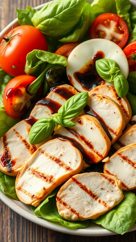 A plate of Caprese salad featuring grilled chicken, fresh tomatoes, mozzarella, and basil, drizzled with balsamic glaze.