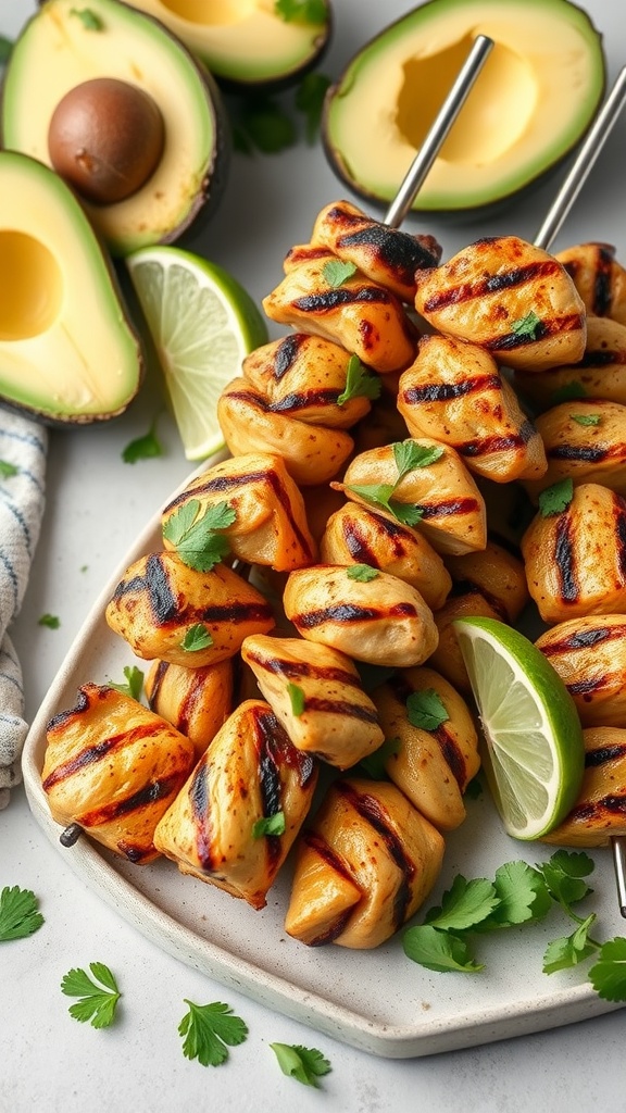 Cilantro Lime Chicken Skewers on a plate garnished with lime and cilantro.