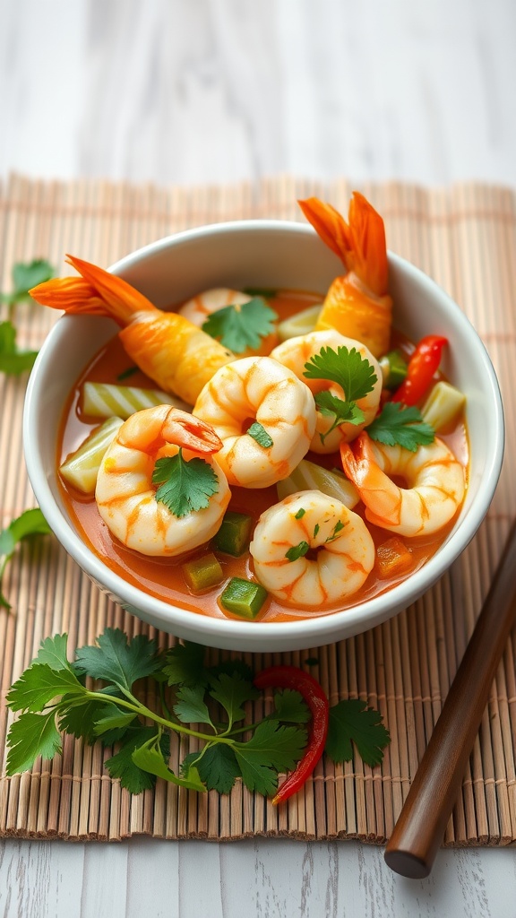 A bowl of coconut curry shrimp with vegetables, garnished with cilantro.