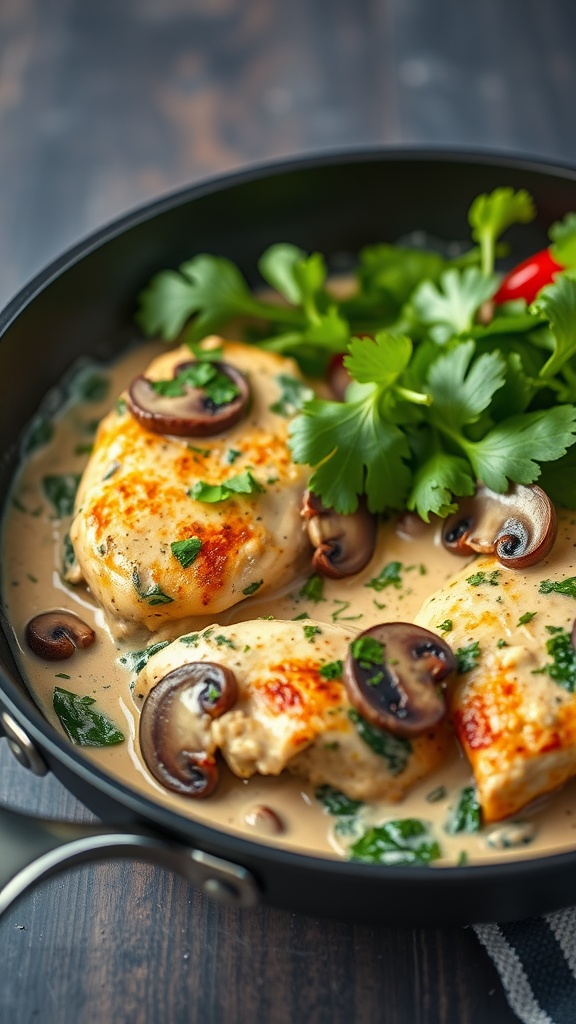 A pan containing cooked chicken breasts in a creamy mushroom and spinach sauce.