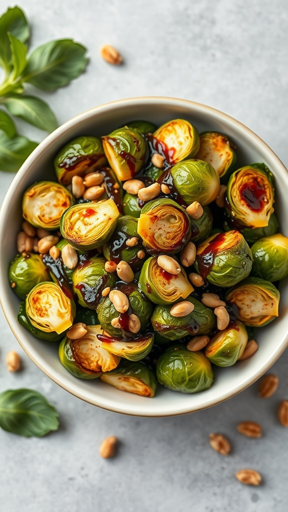 Bowl of crispy roasted Brussels sprouts with pine nuts and balsamic glaze.