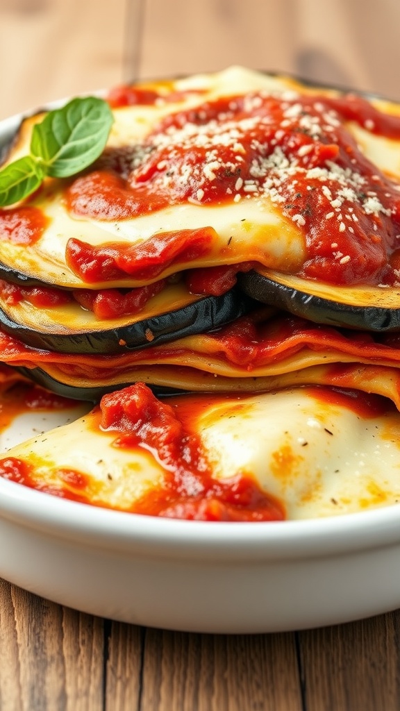 A serving of eggplant lasagna layered with ricotta cheese and marinara sauce.