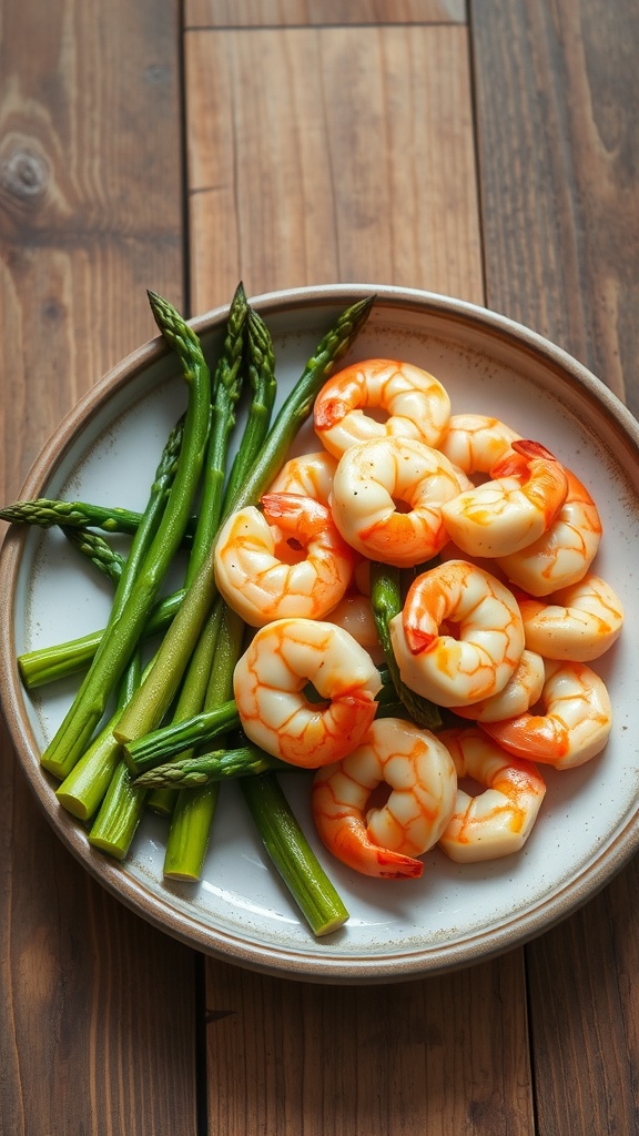 A plate of garlic butter shrimp with asparagus on a wooden table.
