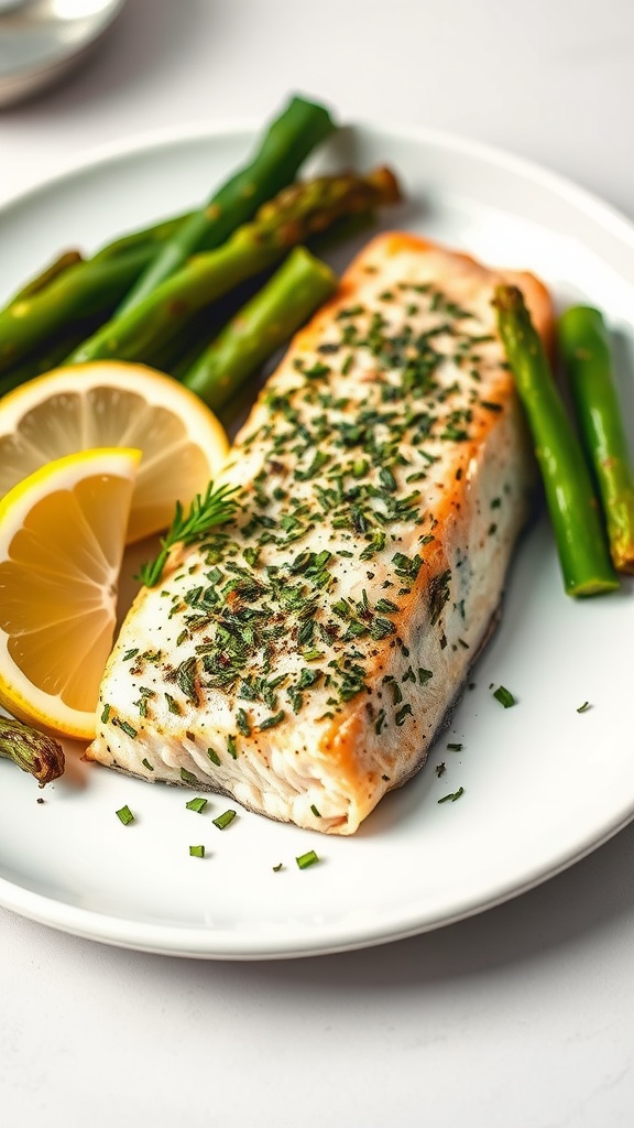 Delicious herb-crusted salmon served with lemon and asparagus.