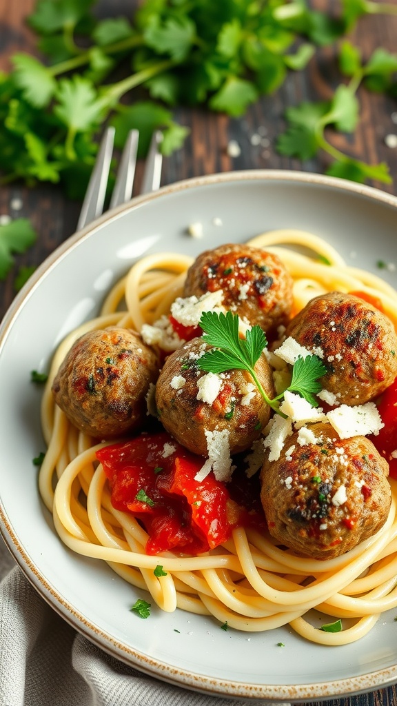 Plate of Keto meatballs over zoodles with marinara sauce and fresh basil