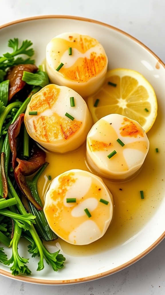 A plate of lemon butter garlic scallops garnished with herbs and lemon slices.