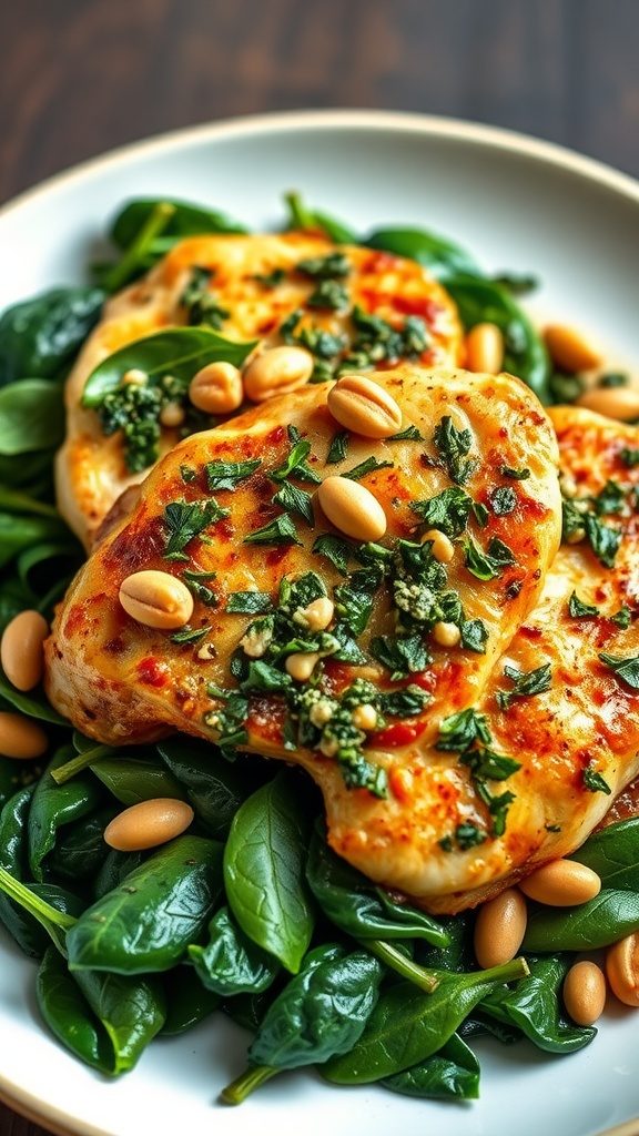 A plate of pesto chicken thighs served on a bed of spinach, garnished with pine nuts and parsley.
