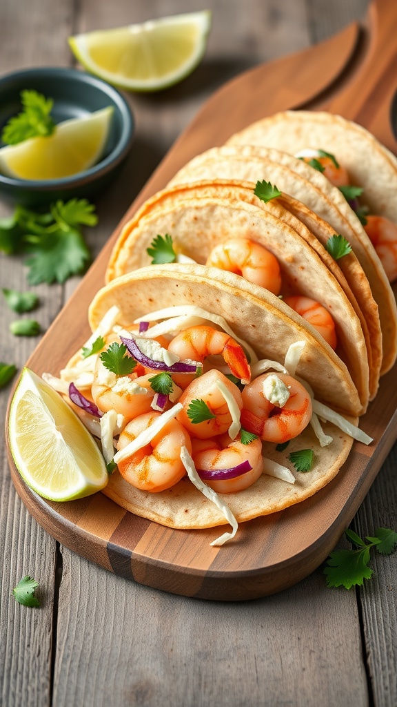 Delicious shrimp tacos served with cabbage slaw on a wooden platter