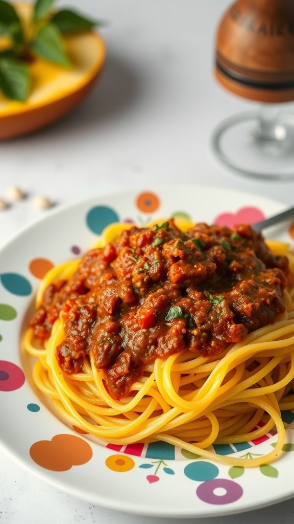 A plate of spaghetti squash topped with a rich Bolognese sauce.