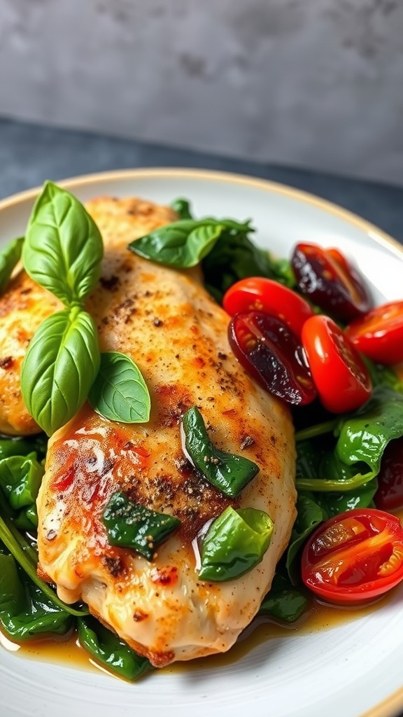 A plate of Tuscan Garlic Chicken with Spinach topped with fresh basil and cherry tomatoes