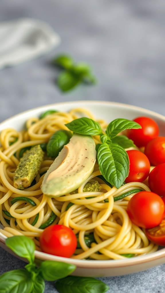 A bowl of zucchini noodles topped with avocado pesto and cherry tomatoes.