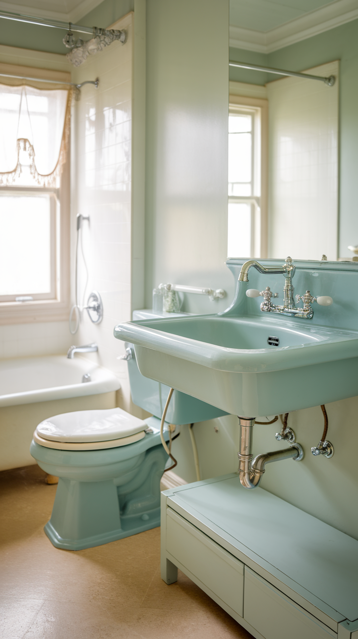 A serene bathroom featuring baby blue fixtures and soft pastel colors.