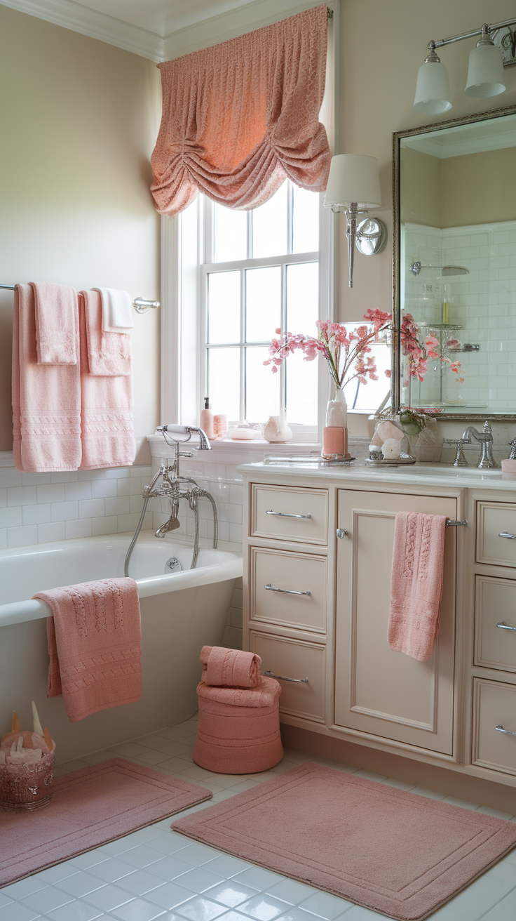 A beautifully styled bathroom featuring blush pink accents, including towels and decor, creating a soft and inviting atmosphere.