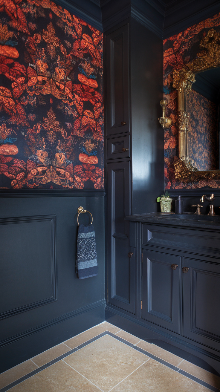 A stylish bathroom featuring bold floral wallpaper in rich colors, complemented by dark cabinetry and elegant fixtures.