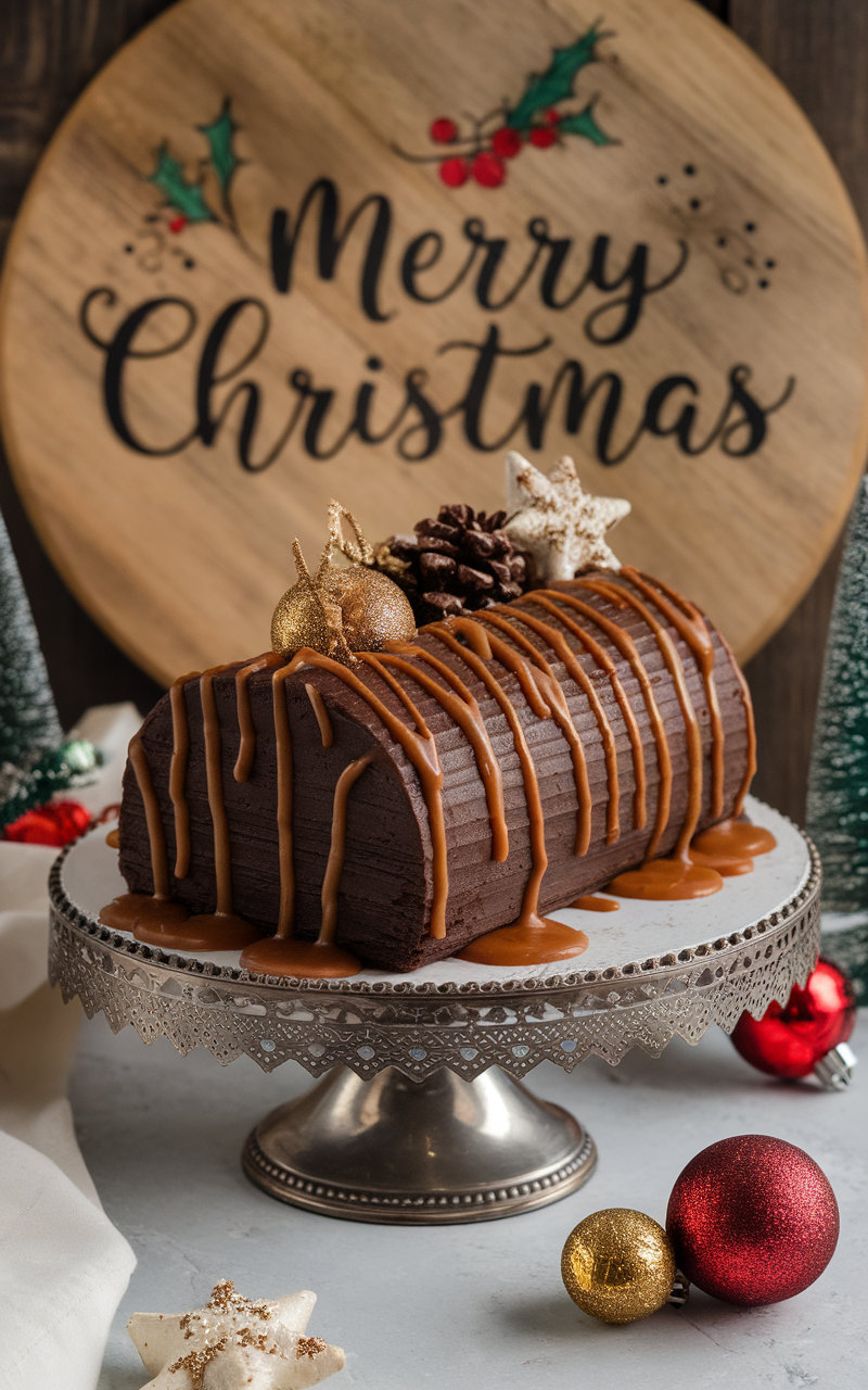 A beautifully decorated Yule log cake with caramel drizzle, surrounded by festive decorations.