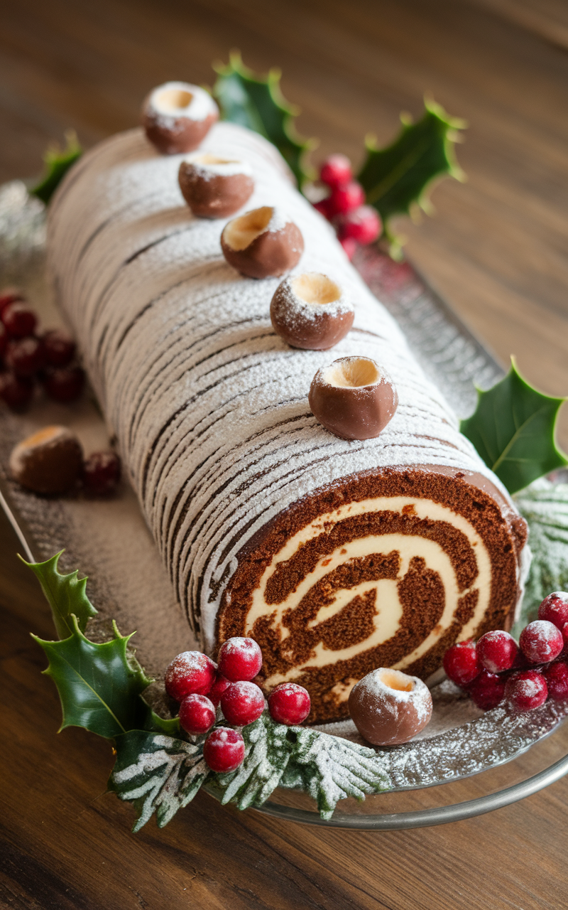 A beautiful chocolate-covered hazelnut roll decorated with powdered sugar and topped with hazelnuts and berries.