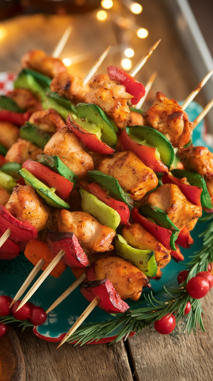 Christmas spiced chicken skewers with peppers on wooden sticks