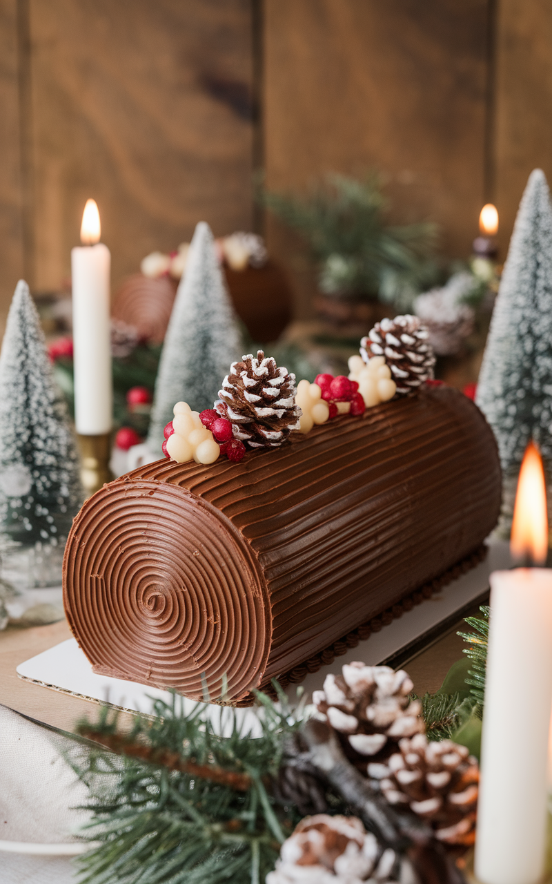 A beautifully decorated chocolate yule log cake with pine cone decorations and festive holiday setting.