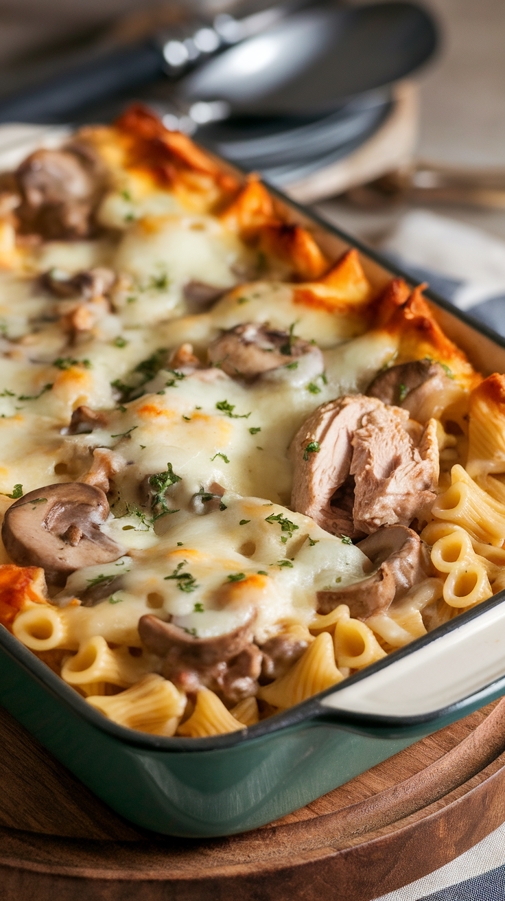 A delicious creamy mushroom and chicken pasta bake served in a green dish.