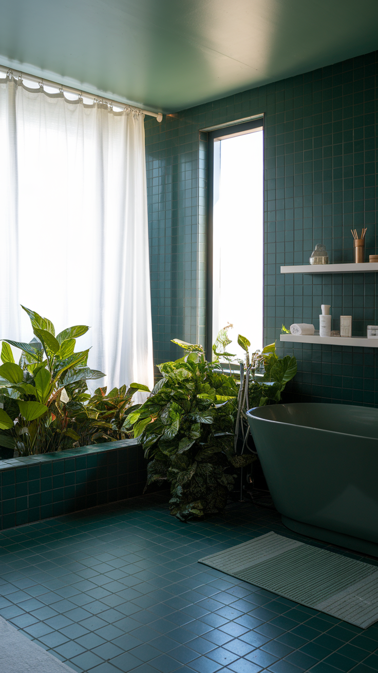 A serene bathroom featuring deep green tiles and plenty of indoor plants.