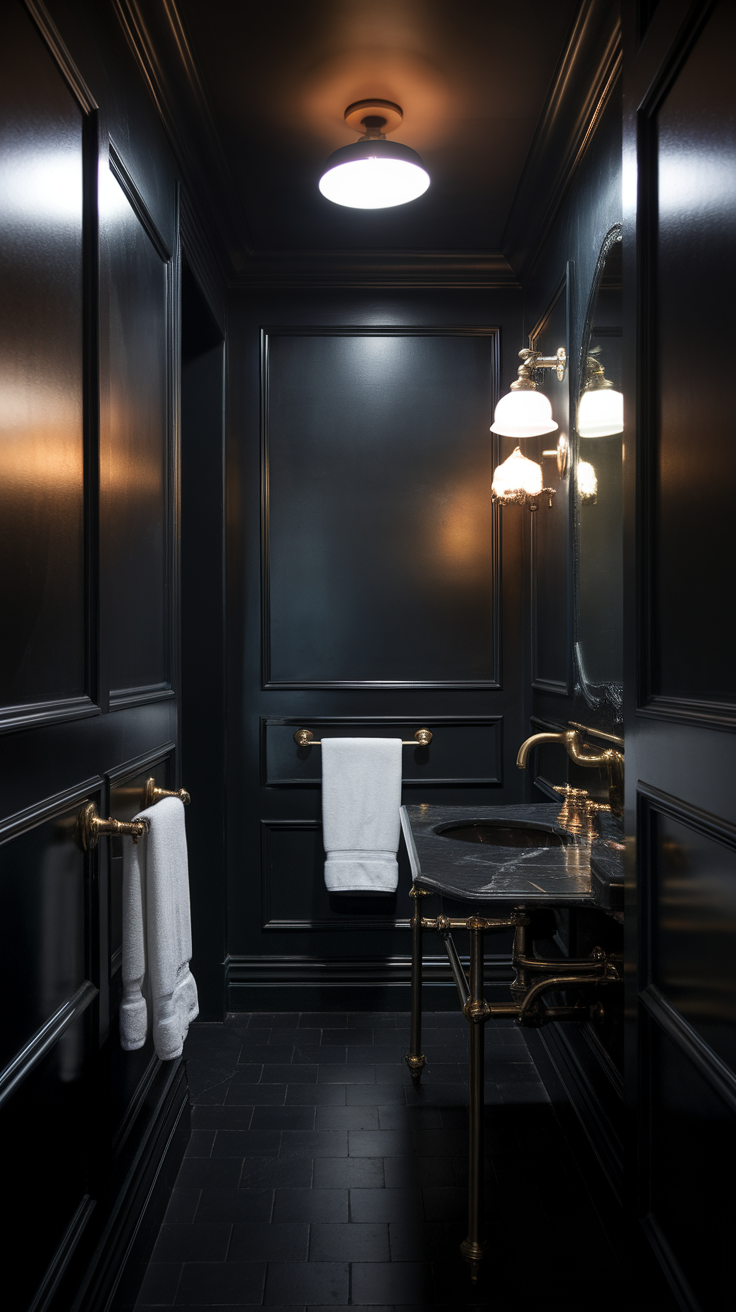 A stylish bathroom featuring dramatic black walls, gold fixtures, and bright lighting.