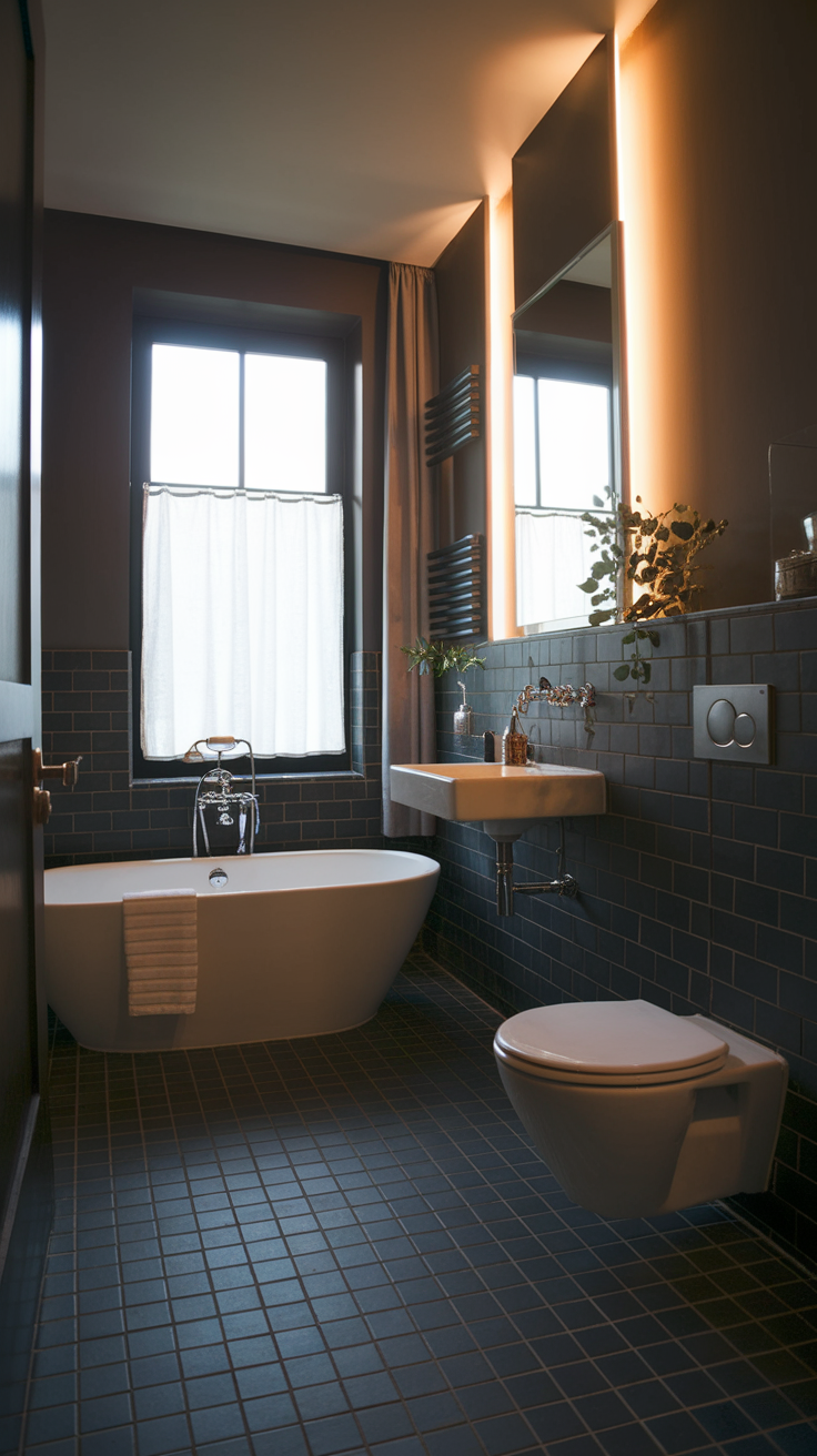 A stylish bathroom with dark tiled walls and a modern bathtub.