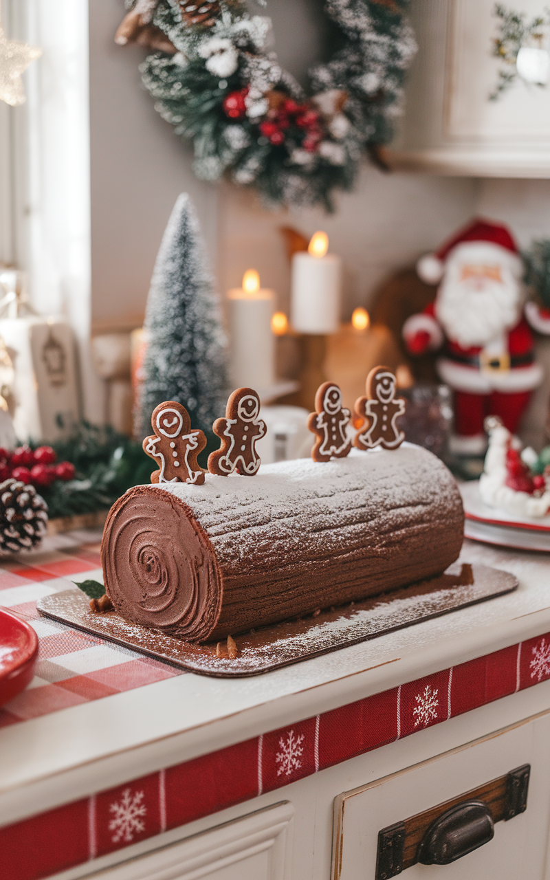 A decorated gingerbread spiced yule log cake with gingerbread men on top, set in a festive kitchen.