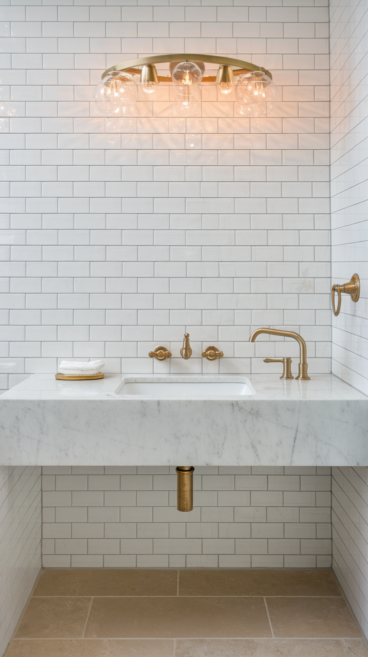 A modern bathroom featuring a marble sink and gold fixtures.