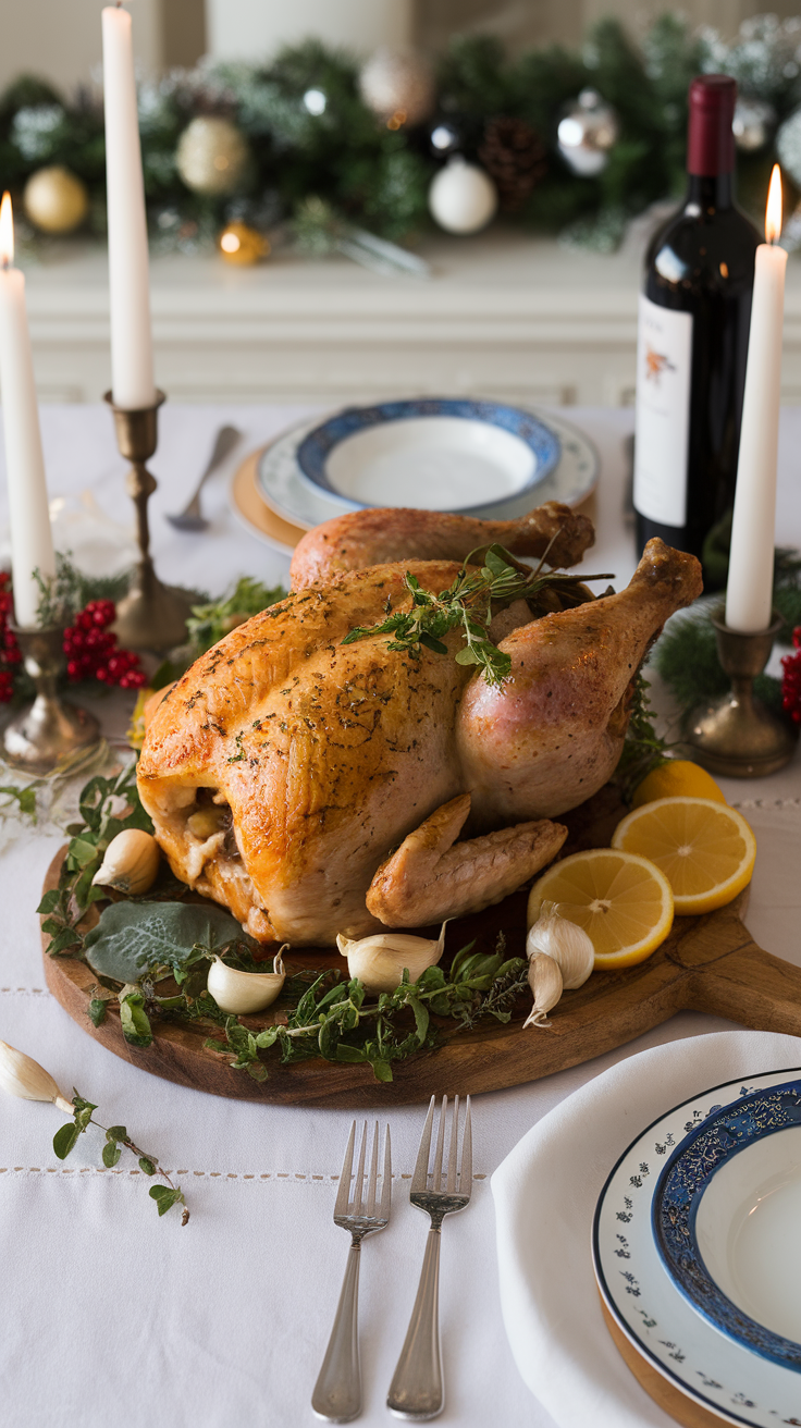 A beautifully roasted chicken garnished with herbs, garlic, and lemon, set on a festive table.