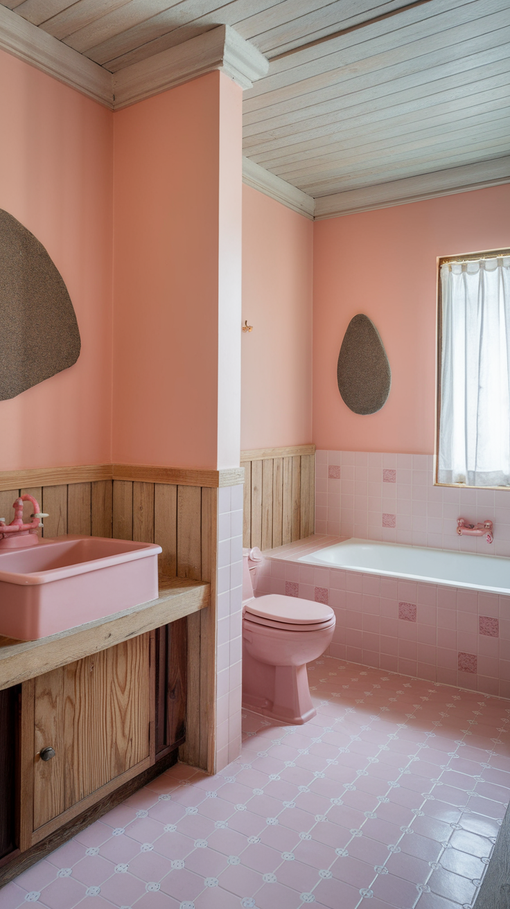 A pastel-themed bathroom with pink walls, a pink sink, and wooden accents.