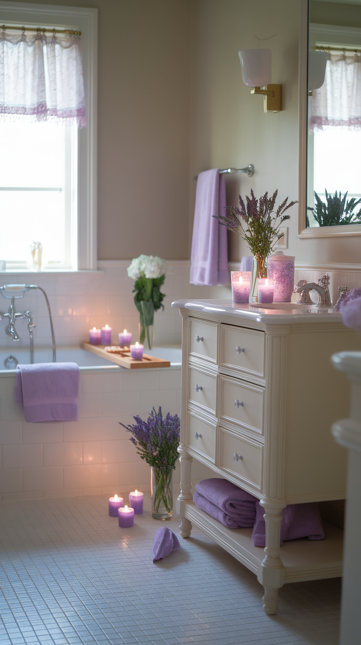 A serene bathroom featuring lavender accents, candles, and flowers.