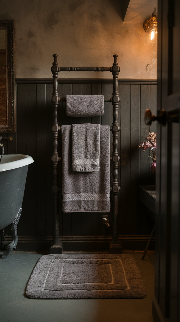 A stylish bathroom featuring a towel rack with gray towels, a vintage bathtub, and a plush rug.