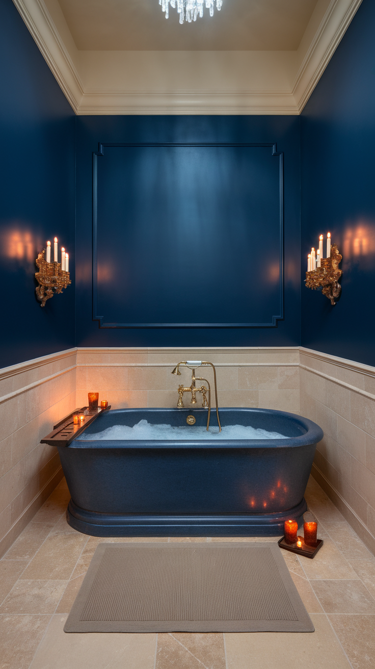 A luxurious blue bathtub with candles and soft lighting in a spa-like setting.