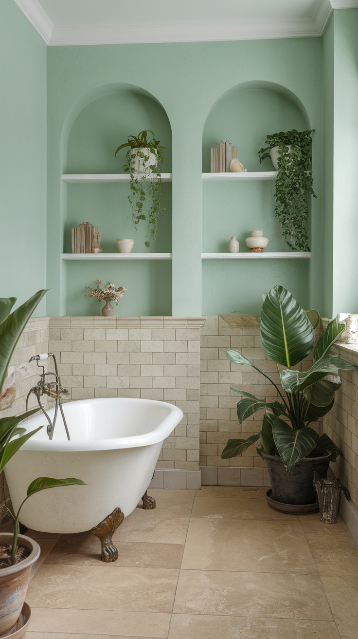 A serene mint green bathroom with a vintage bathtub and greenery.