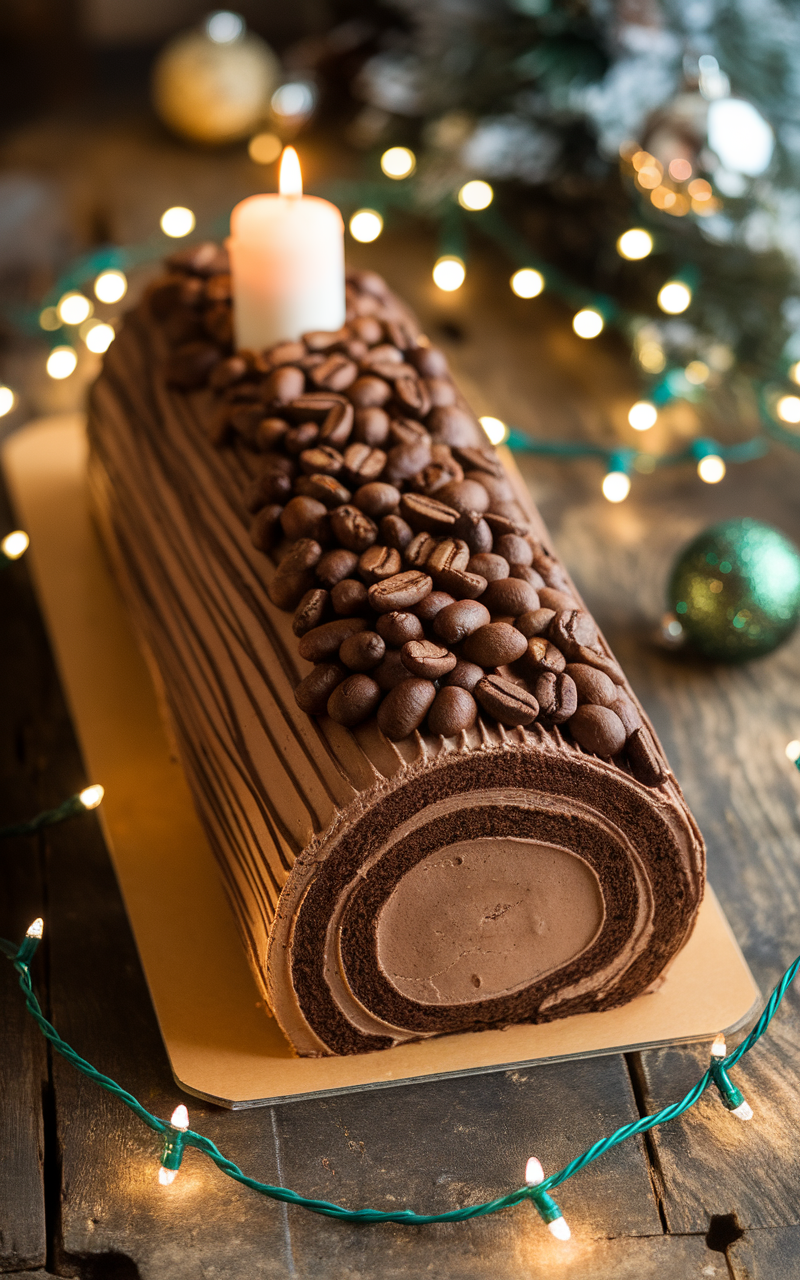 Mocha Espresso Yule Log decorated with coffee beans and a candle