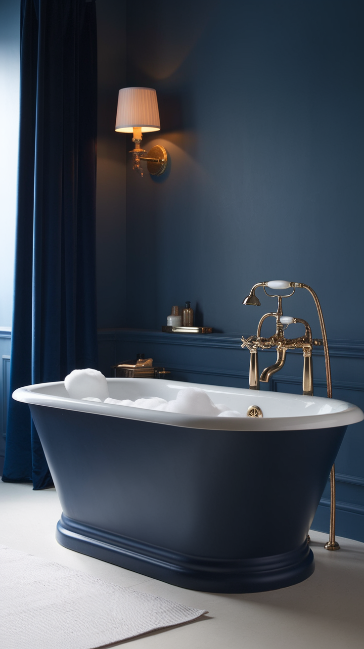 A serene navy blue bathroom featuring a luxurious bathtub with bubbles and elegant lighting.