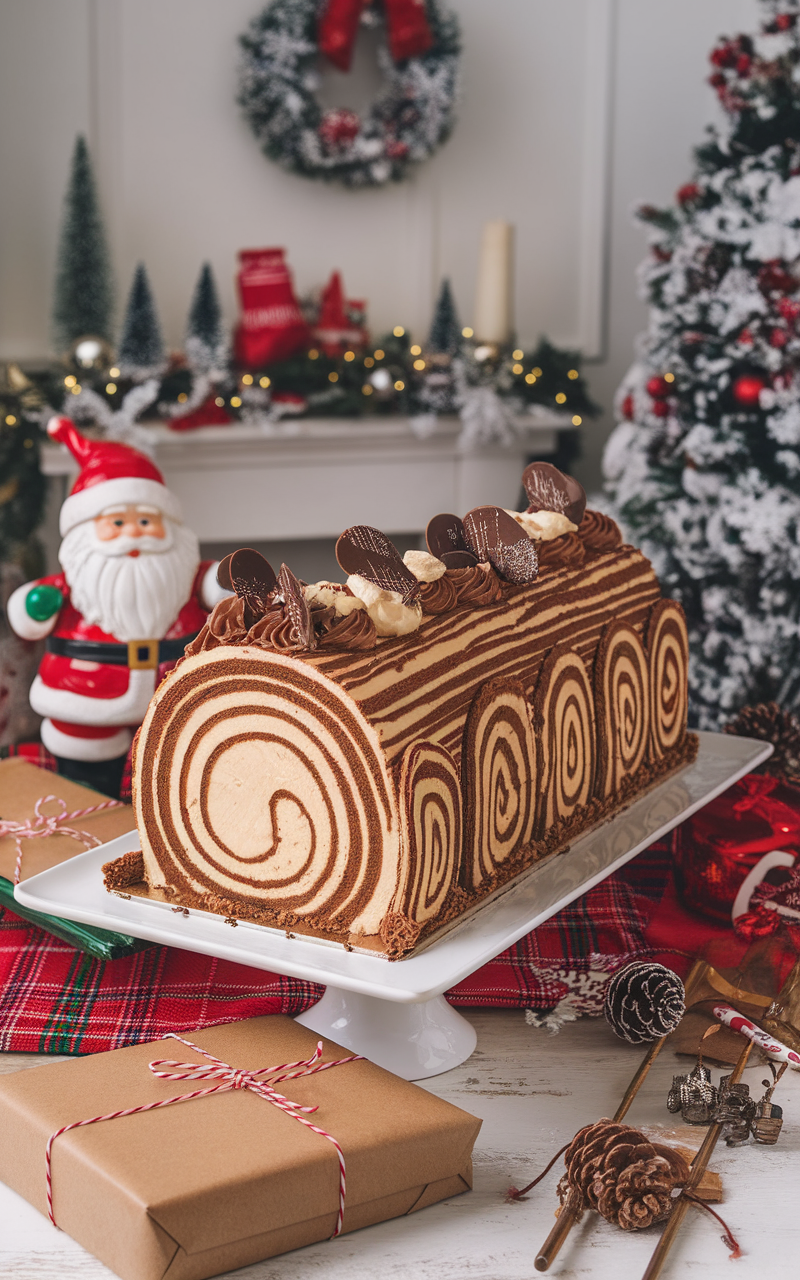 A beautifully decorated Nutella swirled yule log cake on a white platter, surrounded by Christmas decorations and gifts.