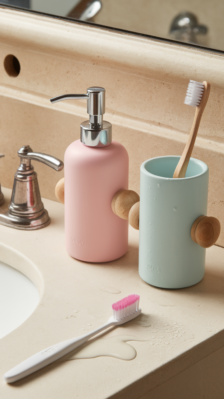 A pastel pink soap dispenser and a mint green toothbrush holder on a bathroom countertop.