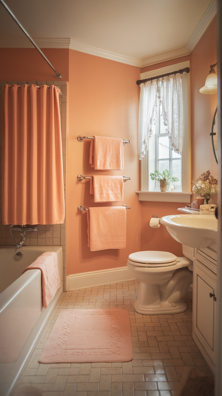 A pastel-toned bathroom featuring peach walls, towels, and decor.