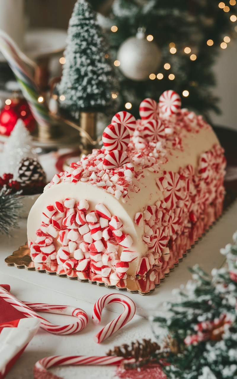 A festive peppermint bark yule log cake decorated with crushed peppermint candy and swirled frosting, surrounded by holiday decorations.