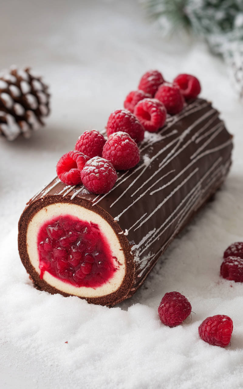 A chocolate yule log filled with raspberry jam, topped with fresh raspberries and dusted with powdered sugar.