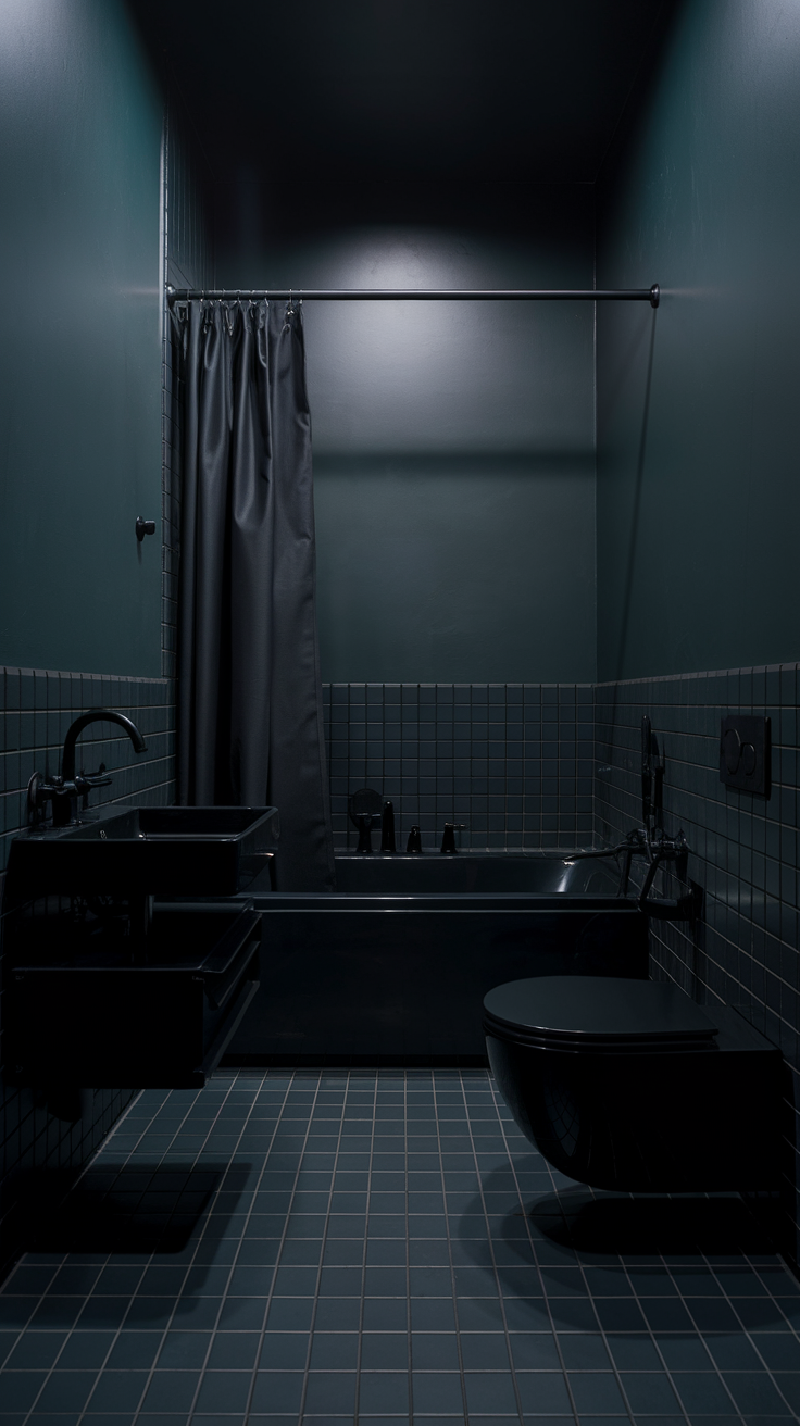 A modern bathroom with sleek dark fixtures and fittings.