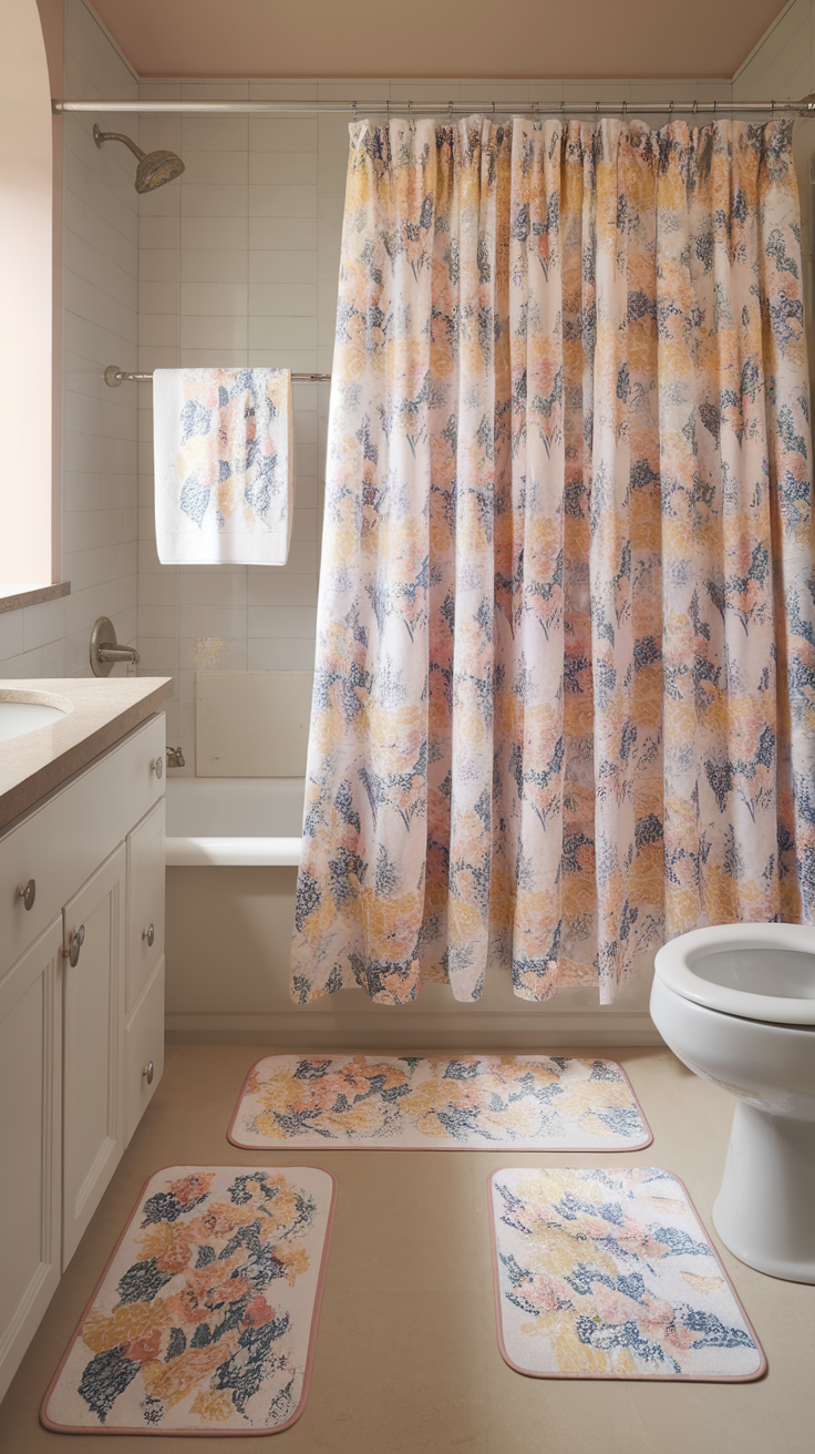 A pastel-themed bathroom with floral patterns on the shower curtain and mats.