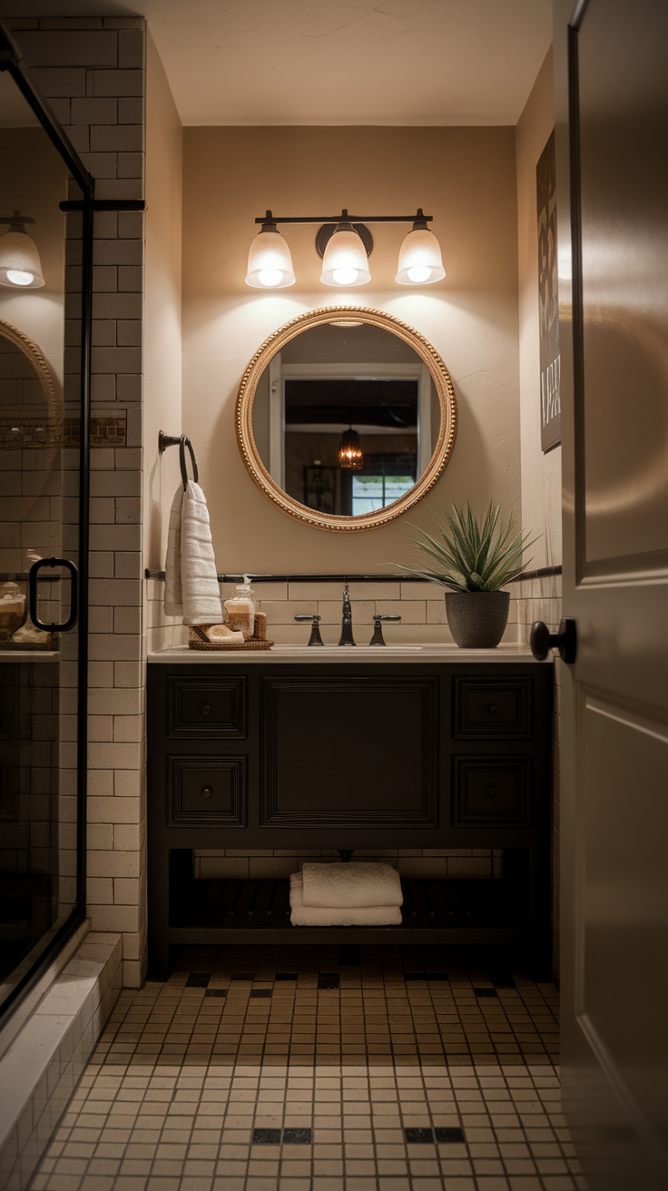 A beautifully lit bathroom featuring soft lighting, a round mirror, and modern decor.