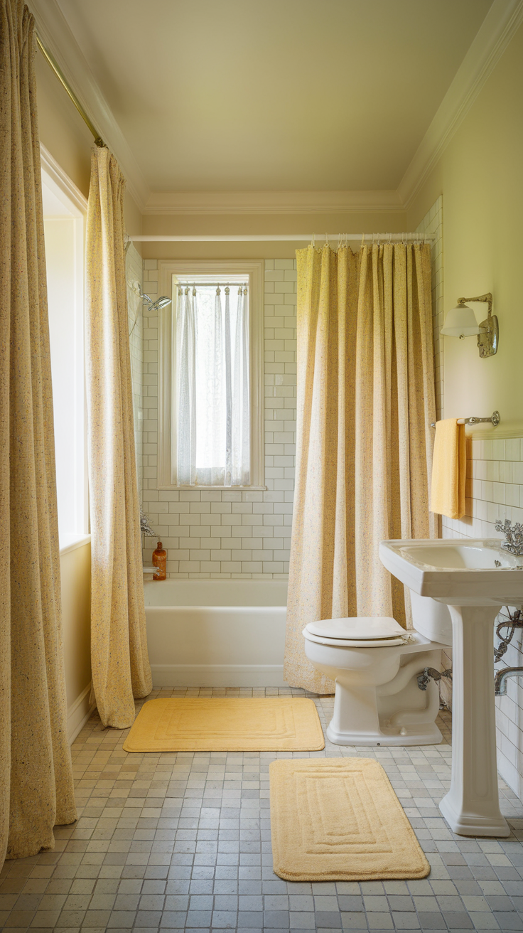 A light yellow themed bathroom featuring soft pastel colors.