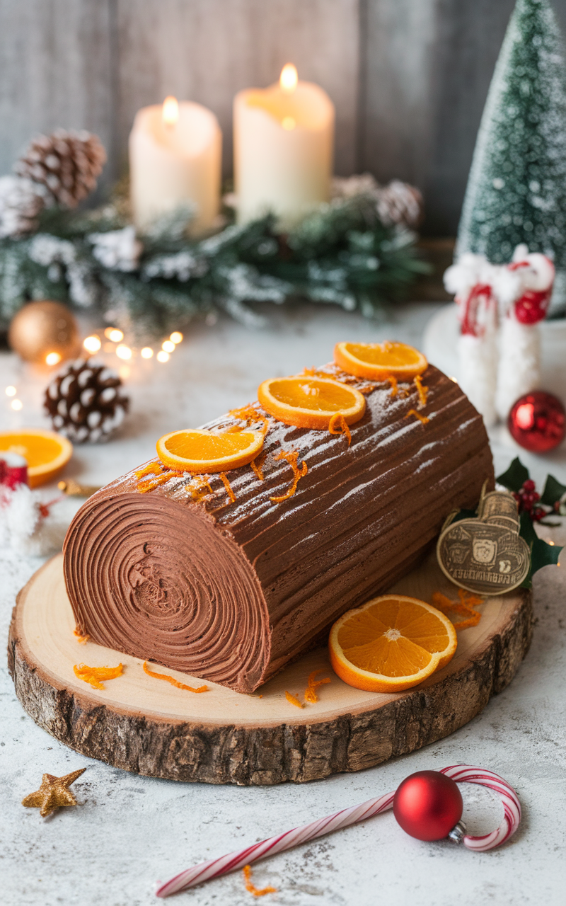 A beautifully decorated spiced orange chocolate Yule log presented on a wooden slice.