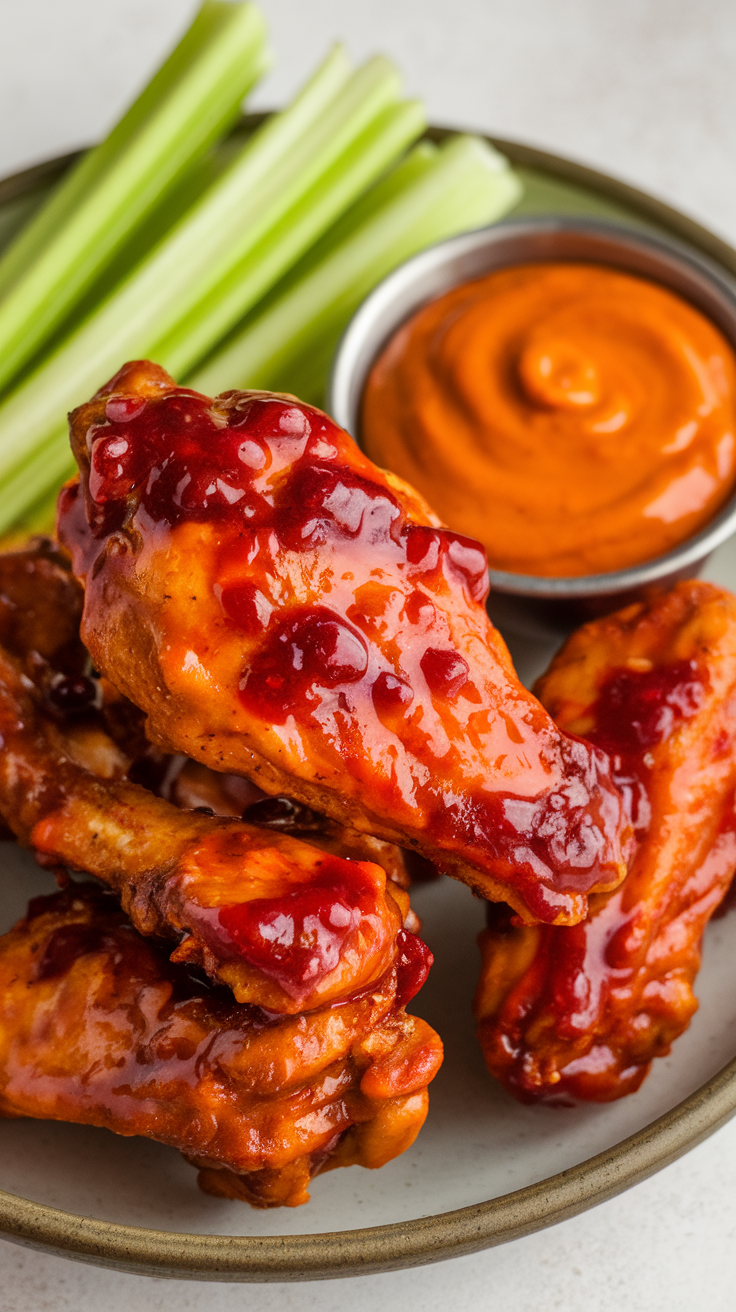 A plate of spicy cranberry BBQ chicken wings with celery and dipping sauce